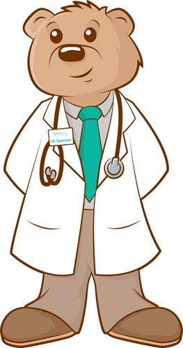 Dr Spencer, an illustrated teddy bear in Doctor's scrubs.